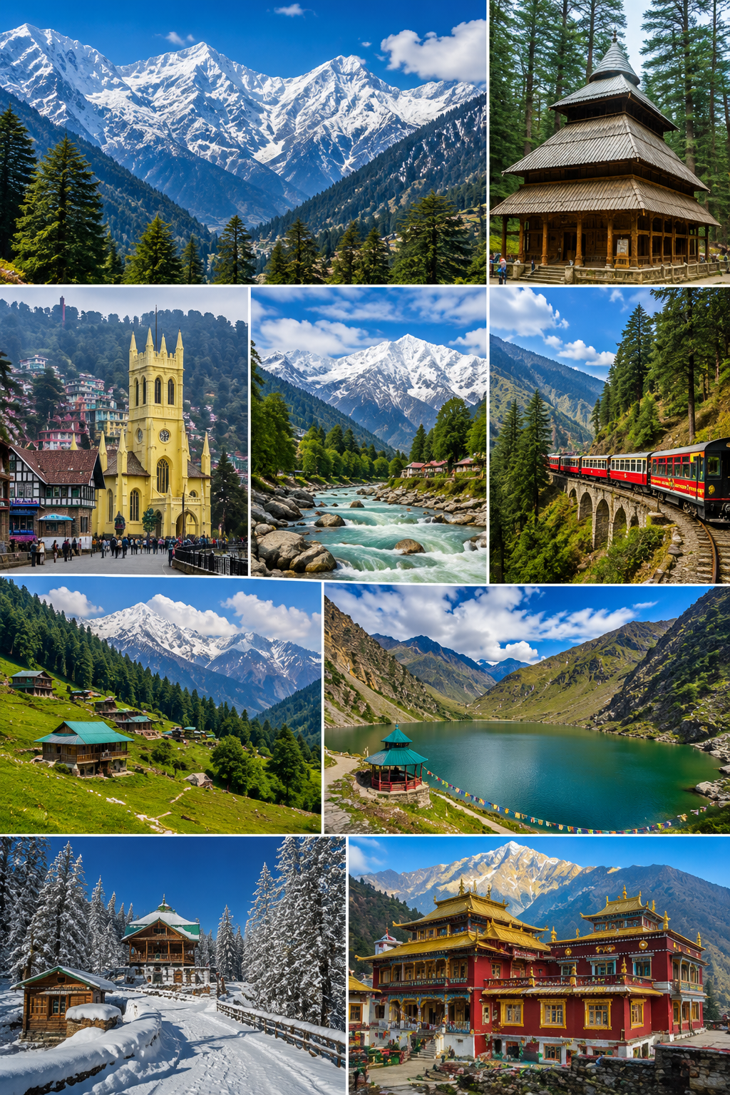 Beautiful mountain landscape in Himachal Pradesh with lush green valleys and clouds surrounding the mountains