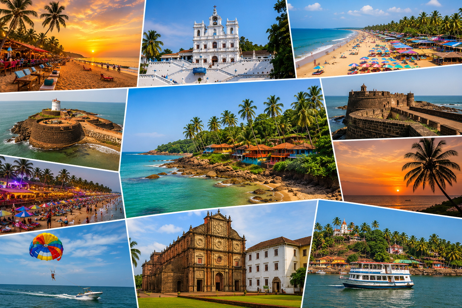 Goa beach collage featuring tropical beaches, palm trees, historic forts, churches, sunsets, and coastal landscapes