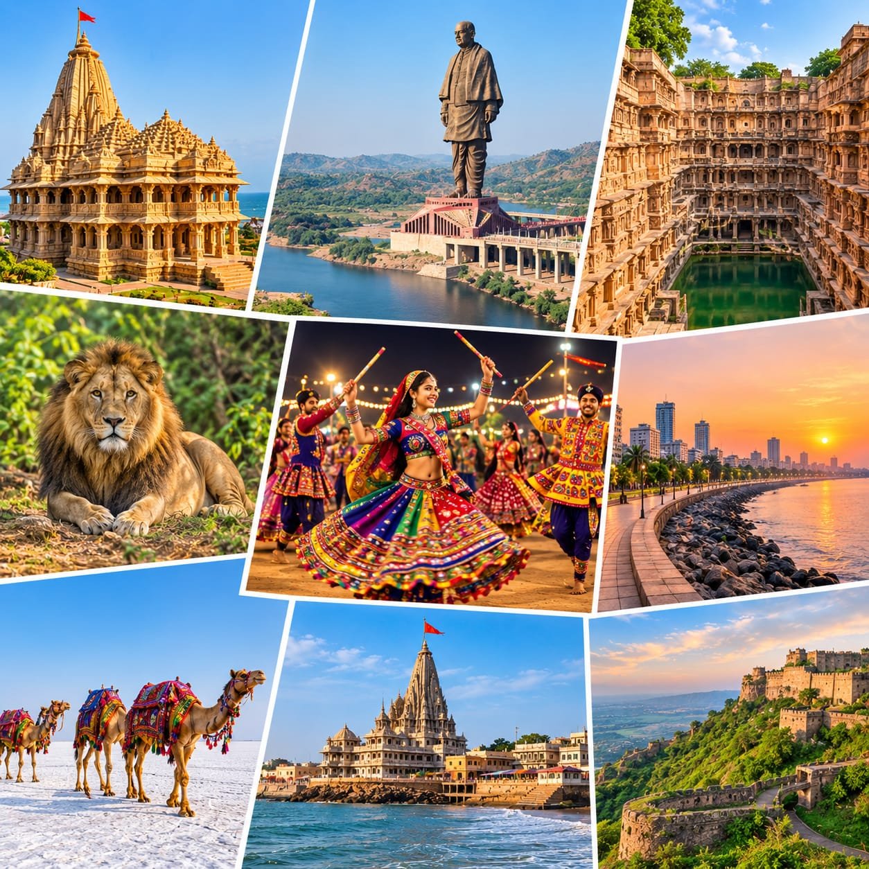 Gujarat collage featuring the Statue of Unity, Rann of Kutch, Somnath Temple and historic landmarks