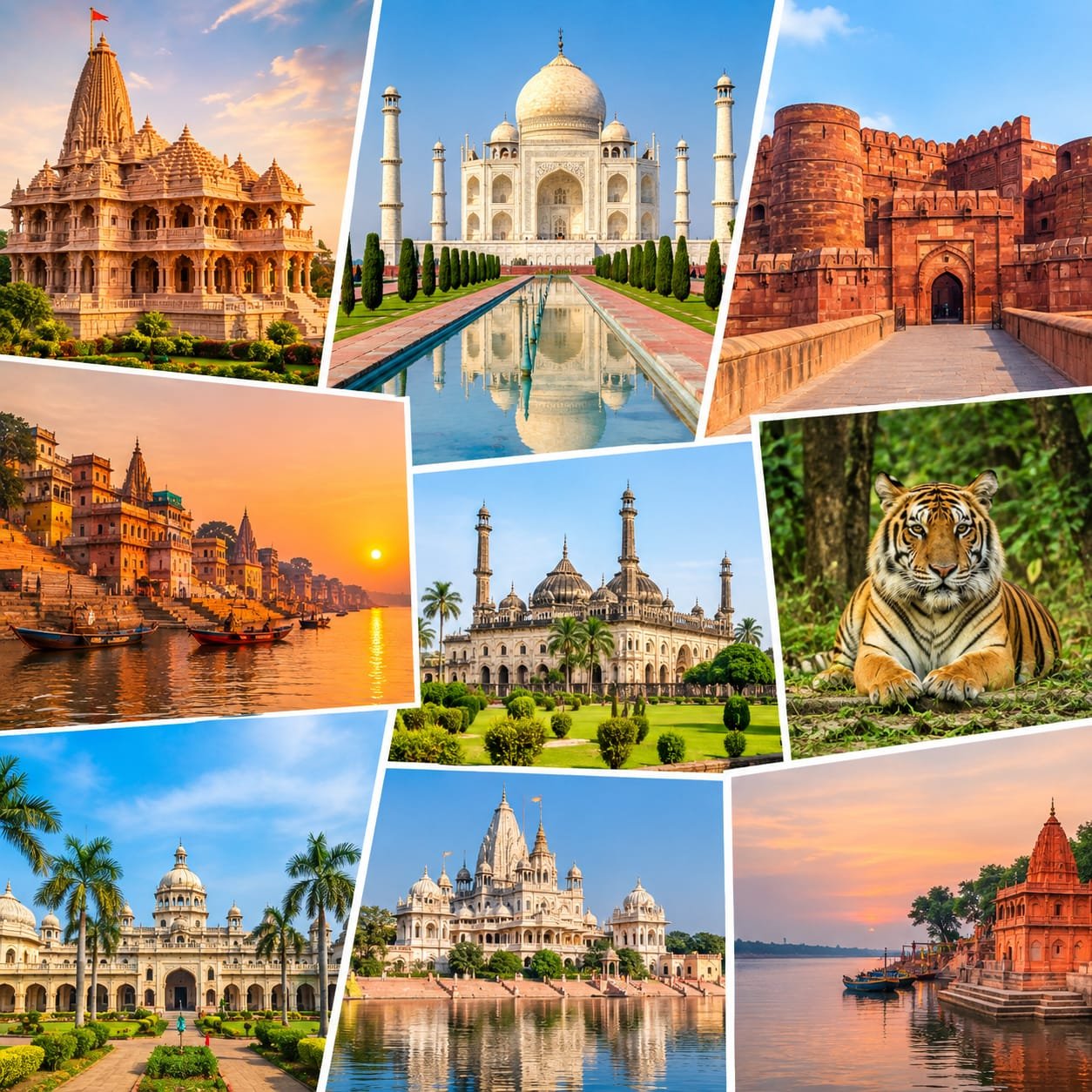 Uttar Pradesh collage featuring Taj Mahal, Varanasi Ghats, Ayodhya, Lucknow and historic landmarks