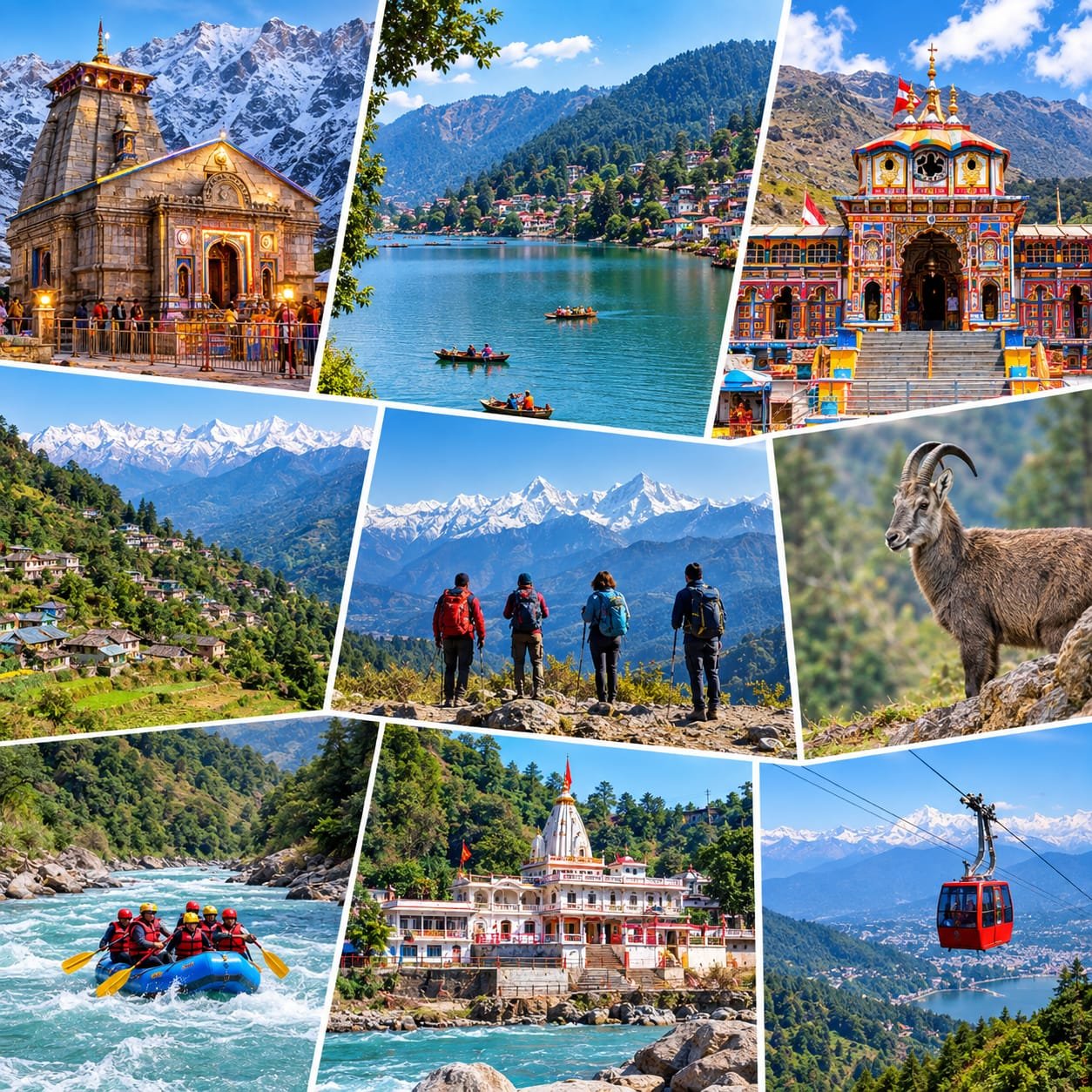Beautiful Uttarakhand travel collage featuring scenic mountains, lush green valleys, rivers, and breathtaking natural landscapes